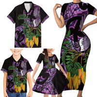 Purple New Zealand Kowhai And Piwakawaka Family Matching Short Sleeve Bodycon Dress and Hawaiian Shirt Maori Ngaru Paua Shell LT14 - Polynesian Pride