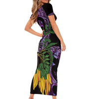 Purple New Zealand Kowhai And Piwakawaka Family Matching Short Sleeve Bodycon Dress and Hawaiian Shirt Maori Ngaru Paua Shell LT14 - Polynesian Pride