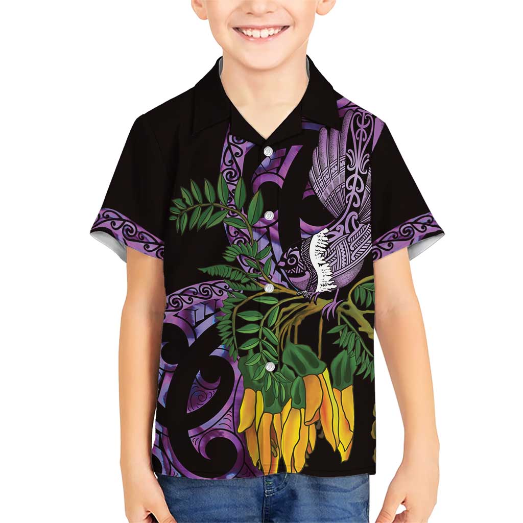 Purple New Zealand Kowhai And Piwakawaka Family Matching Short Sleeve Bodycon Dress and Hawaiian Shirt Maori Ngaru Paua Shell LT14 Son's Shirt Purple - Polynesian Pride
