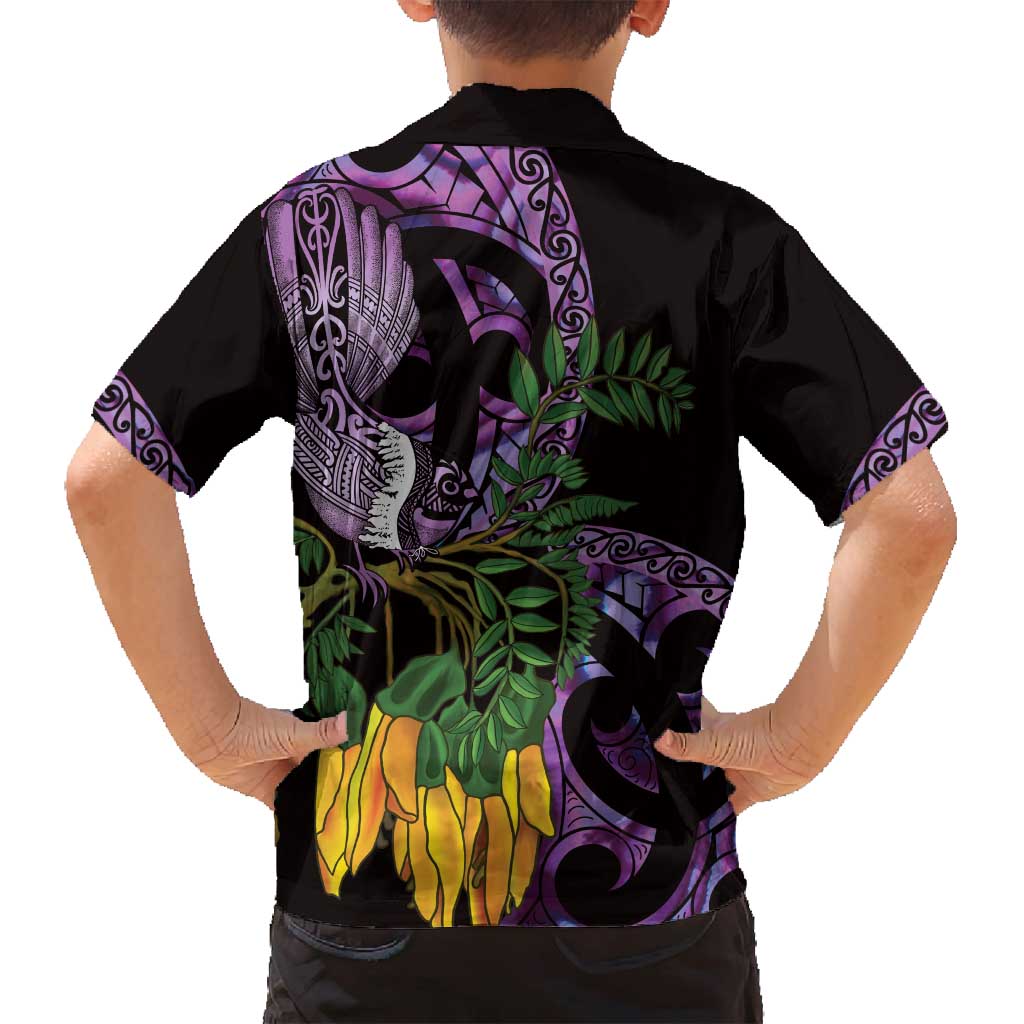 Purple New Zealand Kowhai And Piwakawaka Family Matching Summer Maxi Dress and Hawaiian Shirt Maori Ngaru Paua Shell LT14 - Polynesian Pride