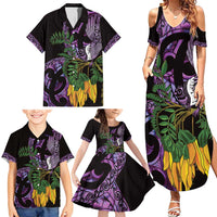 Purple New Zealand Kowhai And Piwakawaka Family Matching Summer Maxi Dress and Hawaiian Shirt Maori Ngaru Paua Shell LT14 - Polynesian Pride
