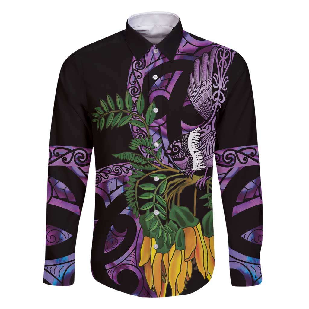 Purple New Zealand Kowhai And Piwakawaka Family Matching Summer Maxi Dress and Hawaiian Shirt Maori Ngaru Paua Shell LT14 Dad's Shirt - Long Sleeve Purple - Polynesian Pride