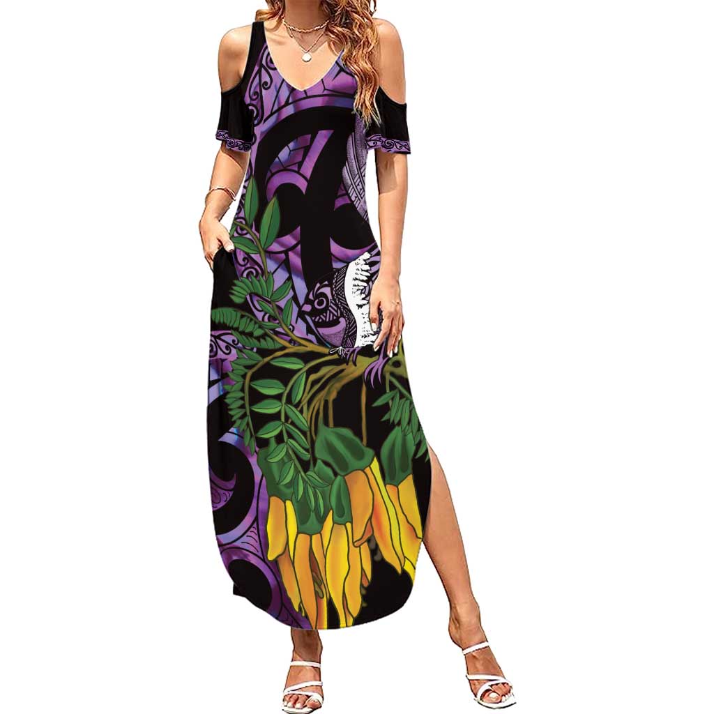 Purple New Zealand Kowhai And Piwakawaka Family Matching Summer Maxi Dress and Hawaiian Shirt Maori Ngaru Paua Shell LT14 Mom's Dress Purple - Polynesian Pride