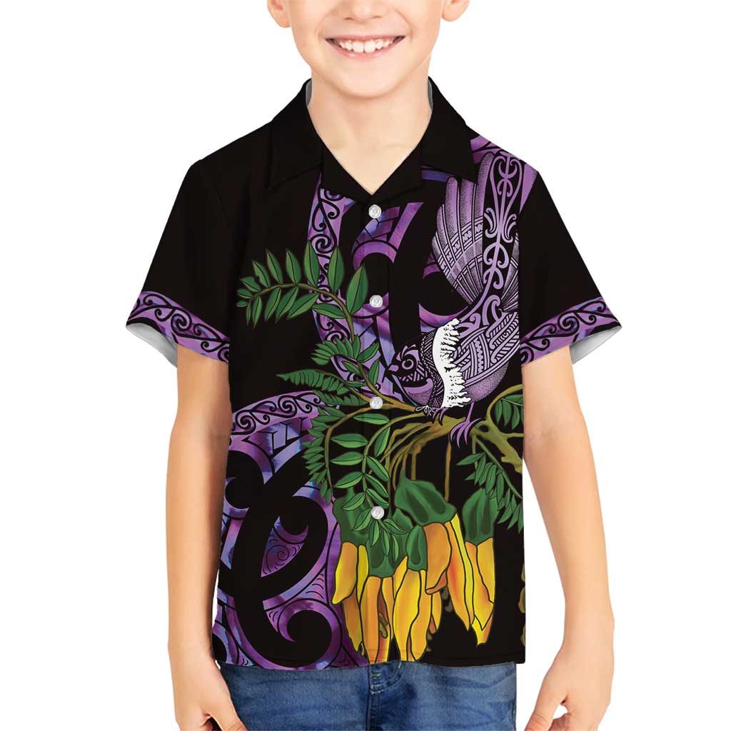 Purple New Zealand Kowhai And Piwakawaka Family Matching Summer Maxi Dress and Hawaiian Shirt Maori Ngaru Paua Shell LT14 Son's Shirt Purple - Polynesian Pride