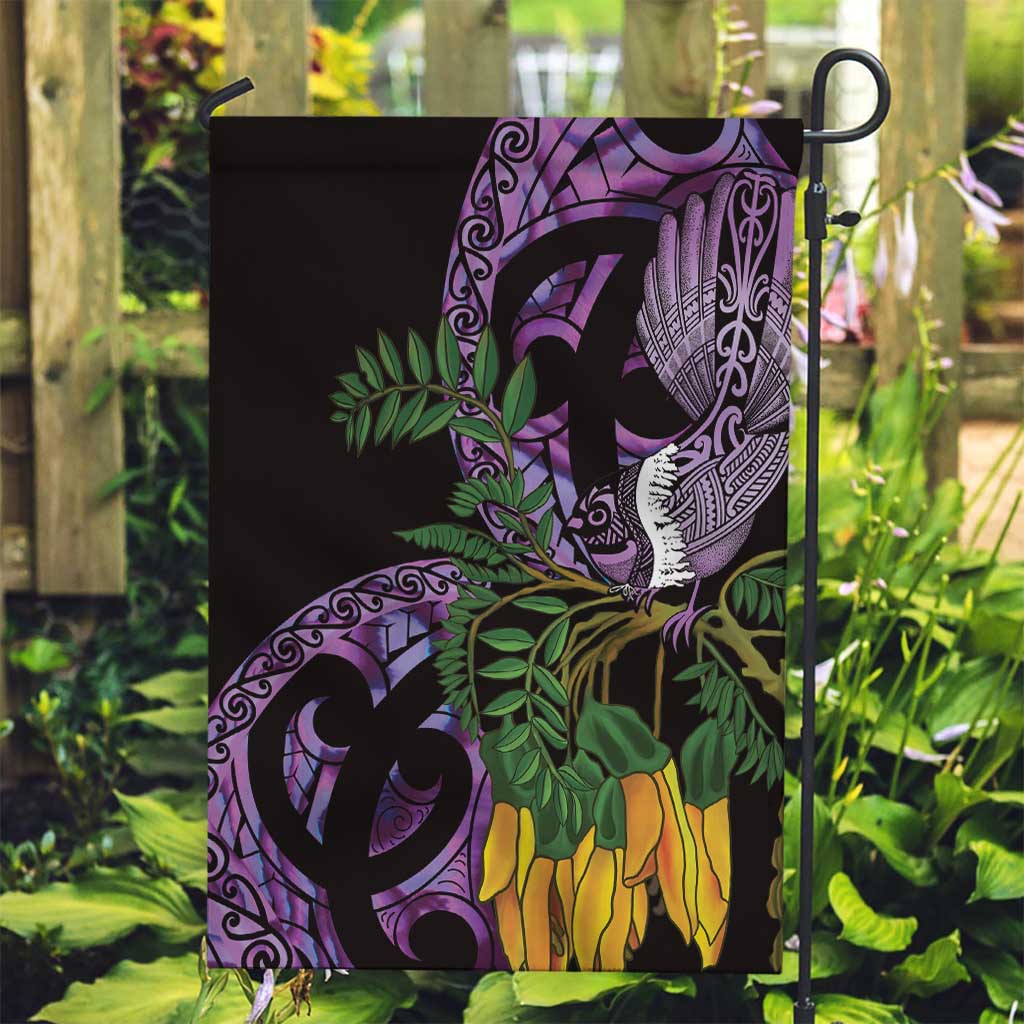 Purple New Zealand Kowhai And Piwakawaka Garden Flag Maori Ngaru Paua Shell LT14 Garden Flag Purple - Polynesian Pride