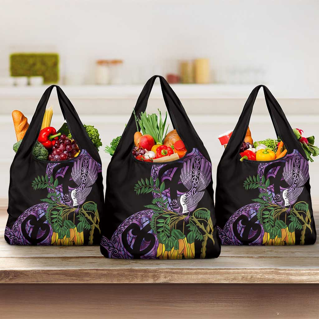 Purple New Zealand Kowhai And Piwakawaka Grocery Bag Maori Ngaru Paua Shell LT14 3-pack One Size Purple - Polynesian Pride