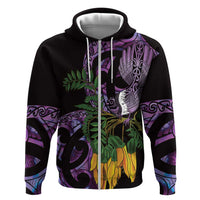 Purple New Zealand Kowhai And Piwakawaka Hoodie Maori Ngaru Paua Shell LT14 Zip Hoodie Purple - Polynesian Pride