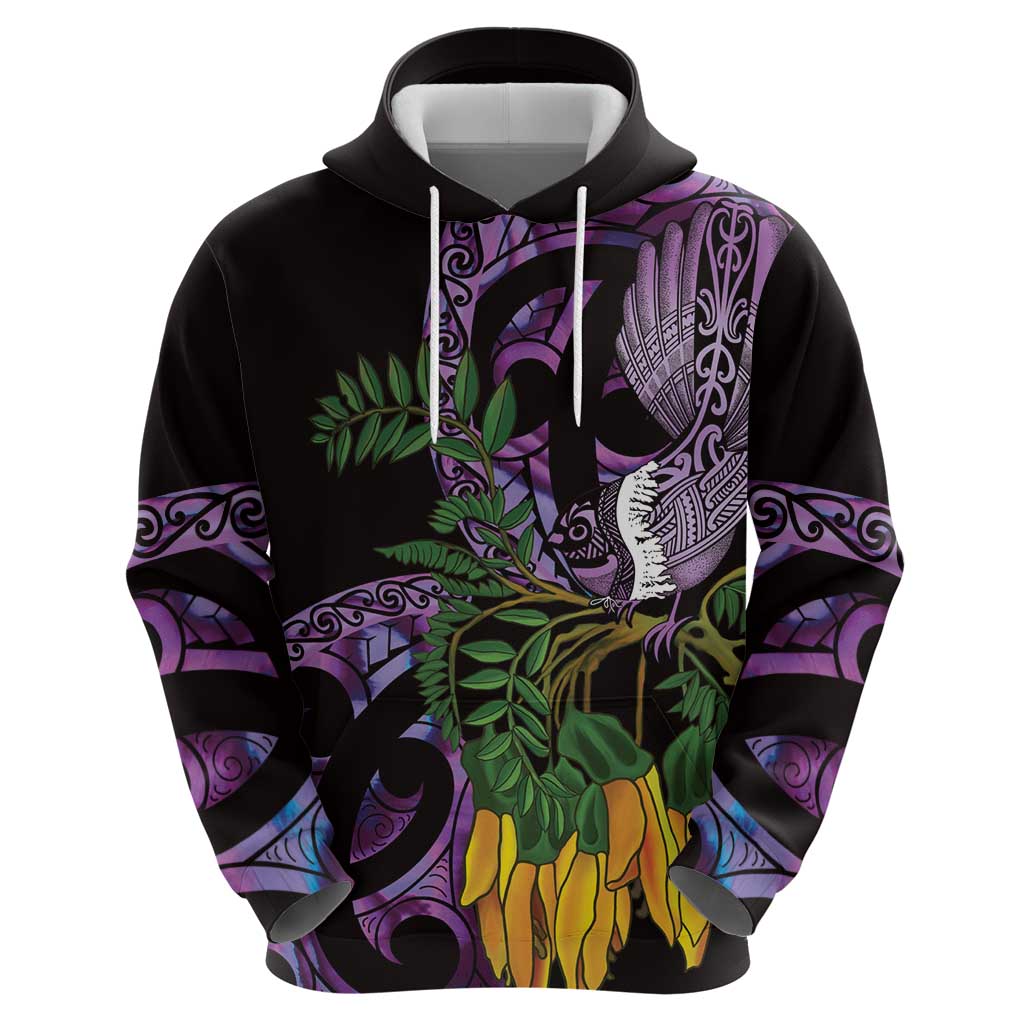 Purple New Zealand Kowhai And Piwakawaka Hoodie Maori Ngaru Paua Shell LT14 - Polynesian Pride
