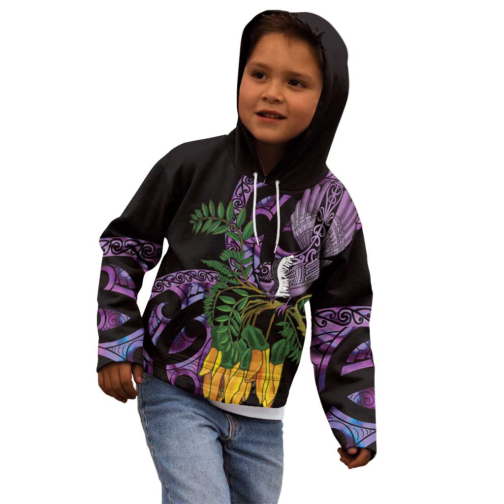 Purple New Zealand Kowhai And Piwakawaka Kid Hoodie Maori Ngaru Paua Shell LT14 - Polynesian Pride