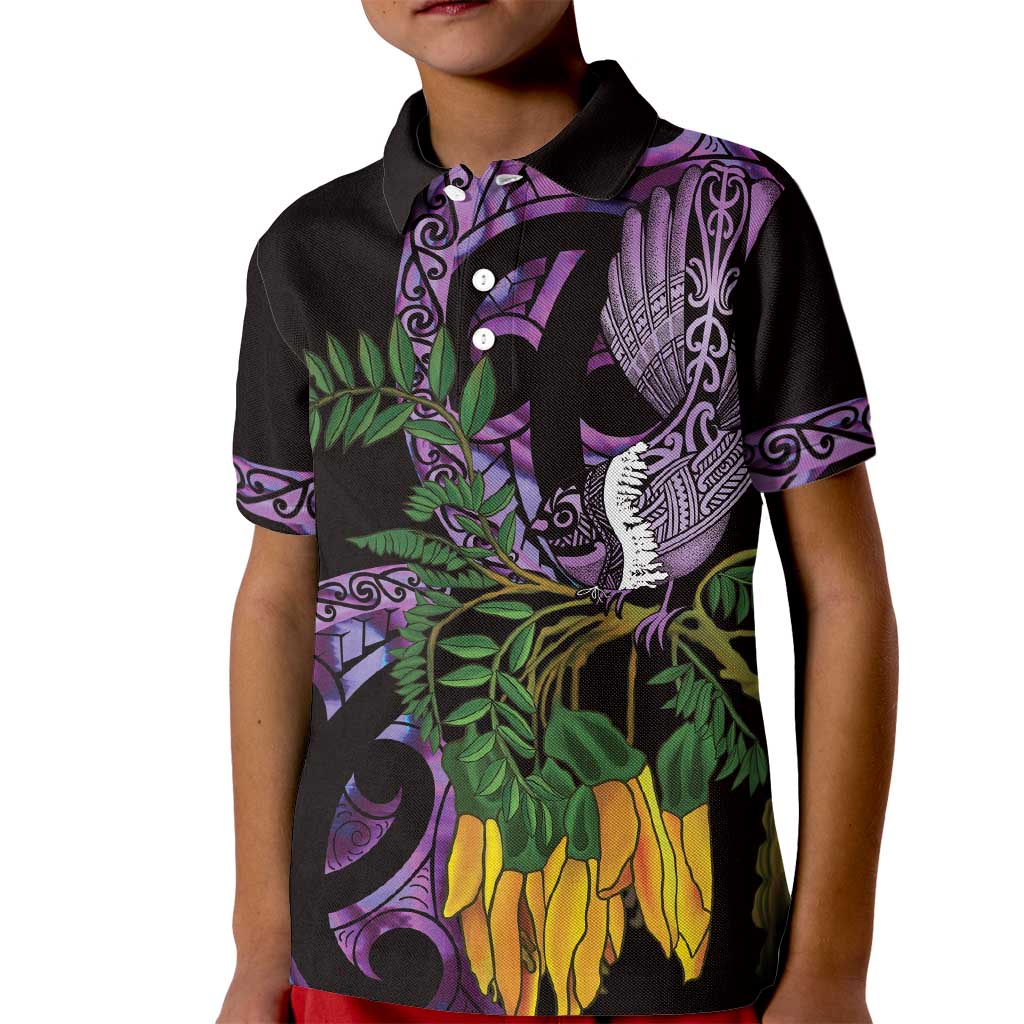 Purple New Zealand Kowhai And Piwakawaka Kid Polo Shirt Maori Ngaru Paua Shell LT14 Kid Purple - Polynesian Pride
