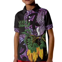 Purple New Zealand Kowhai And Piwakawaka Kid Polo Shirt Maori Ngaru Paua Shell LT14 Kid Purple - Polynesian Pride