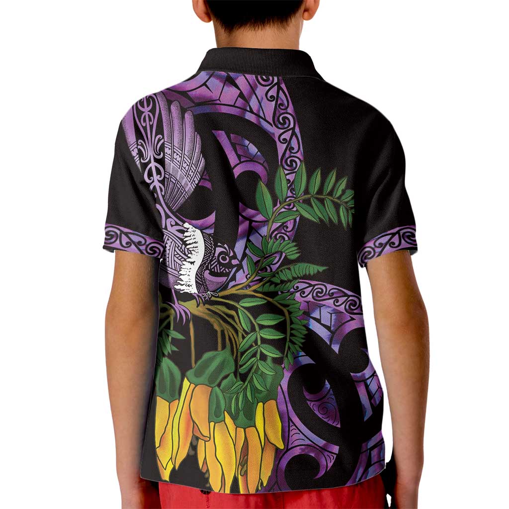 Purple New Zealand Kowhai And Piwakawaka Kid Polo Shirt Maori Ngaru Paua Shell LT14 - Polynesian Pride