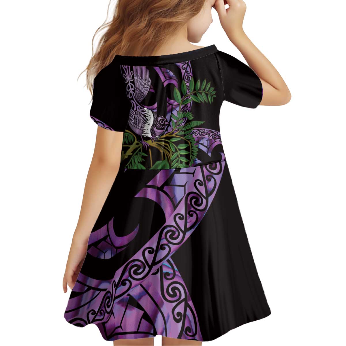 Purple New Zealand Kowhai And Piwakawaka Kid Short Sleeve Dress Maori Ngaru Paua Shell LT14 - Polynesian Pride