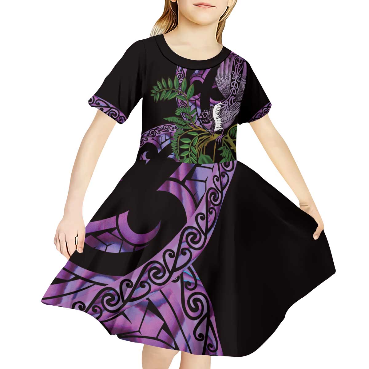 Purple New Zealand Kowhai And Piwakawaka Kid Short Sleeve Dress Maori Ngaru Paua Shell LT14 - Polynesian Pride