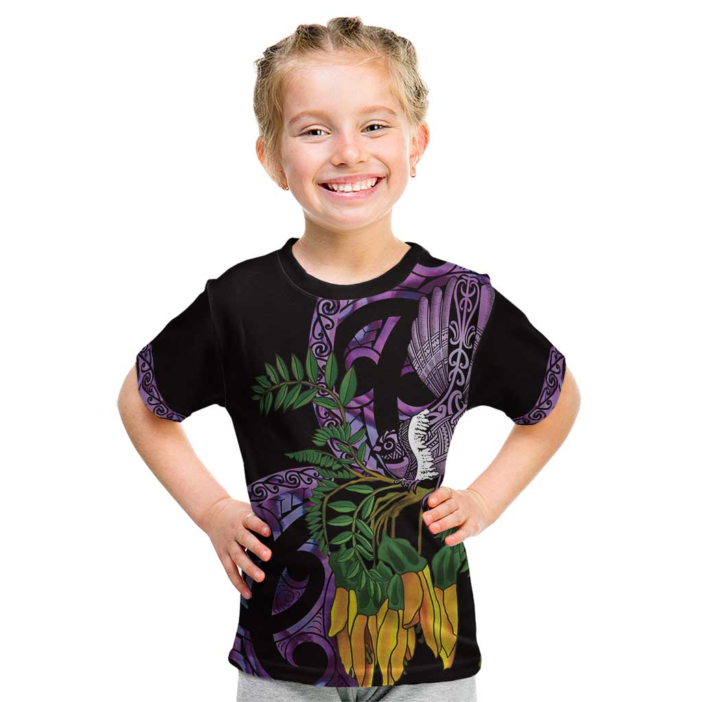 Purple New Zealand Kowhai And Piwakawaka Kid T Shirt Maori Ngaru Paua Shell LT14 Purple - Polynesian Pride
