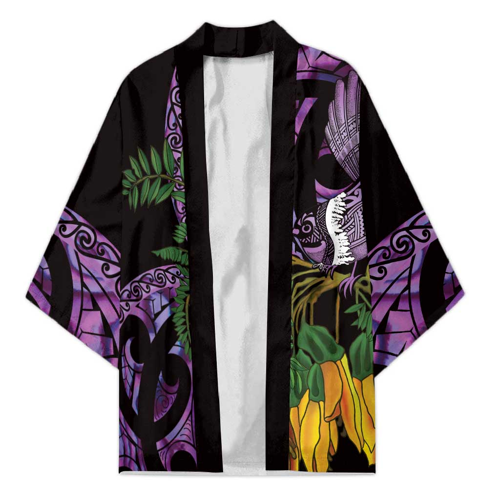 Purple New Zealand Kowhai And Piwakawaka Kimono Maori Ngaru Paua Shell LT14 Unisex Purple - Polynesian Pride