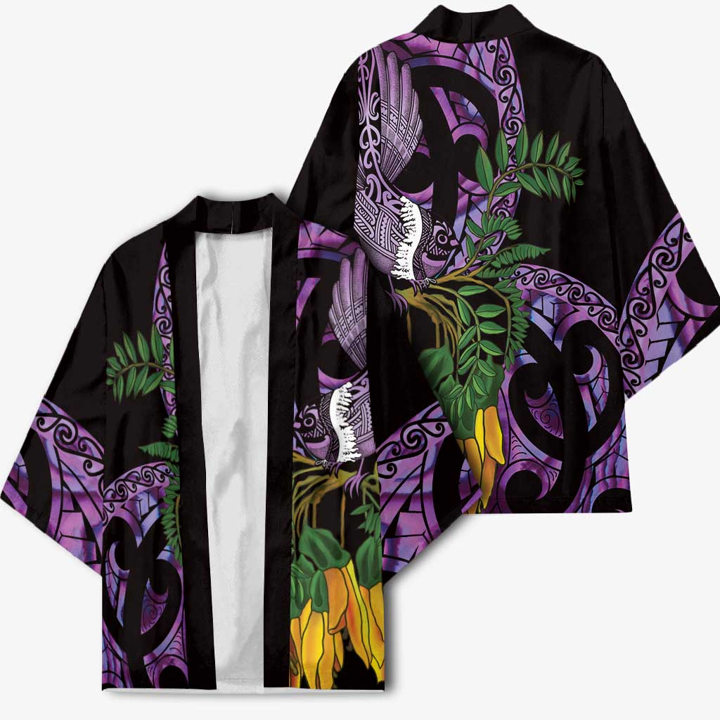 Purple New Zealand Kowhai And Piwakawaka Kimono Maori Ngaru Paua Shell LT14 - Polynesian Pride