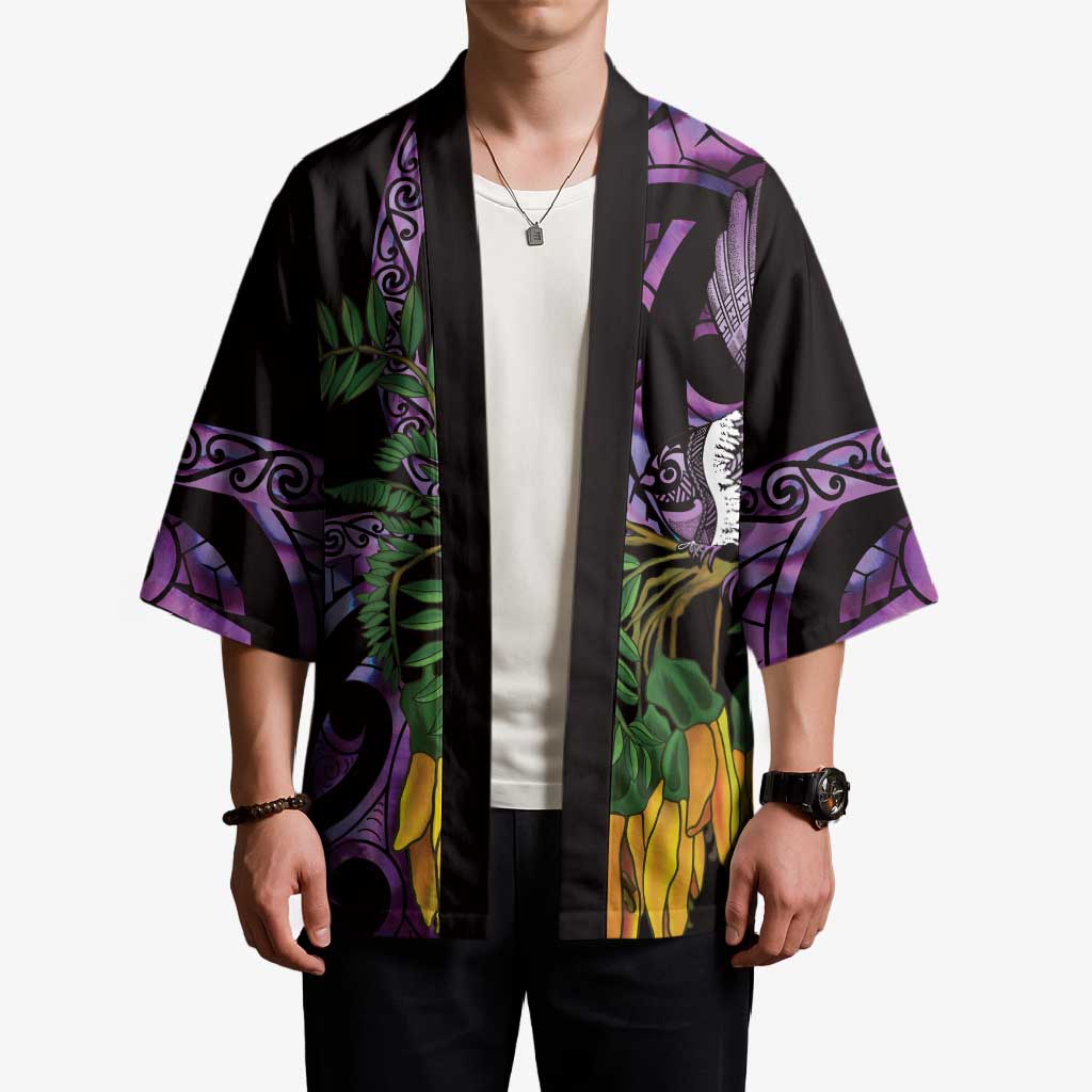Purple New Zealand Kowhai And Piwakawaka Kimono Maori Ngaru Paua Shell LT14 - Polynesian Pride
