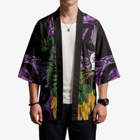 Purple New Zealand Kowhai And Piwakawaka Kimono Maori Ngaru Paua Shell LT14 - Polynesian Pride