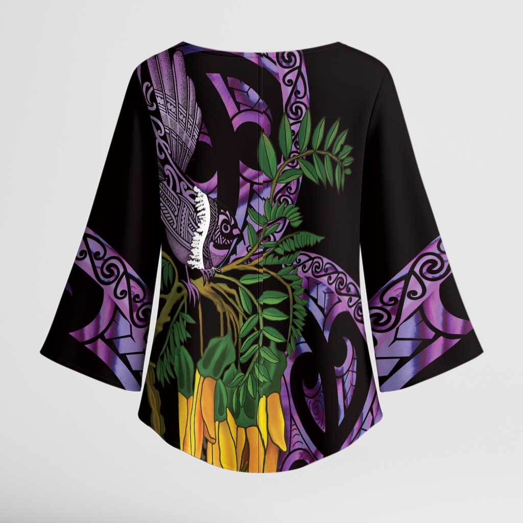 Purple New Zealand Kowhai And Piwakawaka Kimono Sleeve Blouse Maori Ngaru Paua Shell LT14 - Polynesian Pride