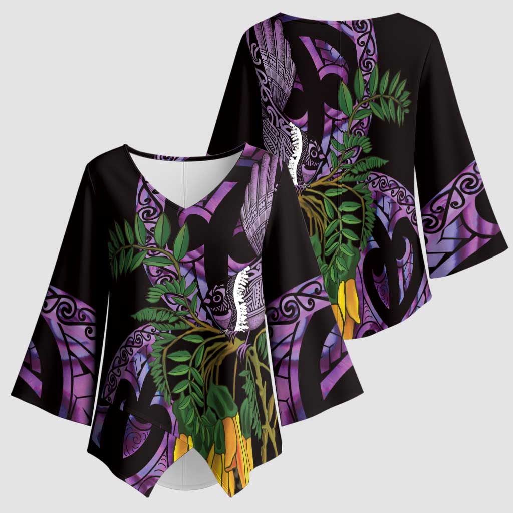Purple New Zealand Kowhai And Piwakawaka Kimono Sleeve Blouse Maori Ngaru Paua Shell LT14 - Polynesian Pride