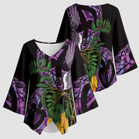 Purple New Zealand Kowhai And Piwakawaka Kimono Sleeve Blouse Maori Ngaru Paua Shell LT14 - Polynesian Pride