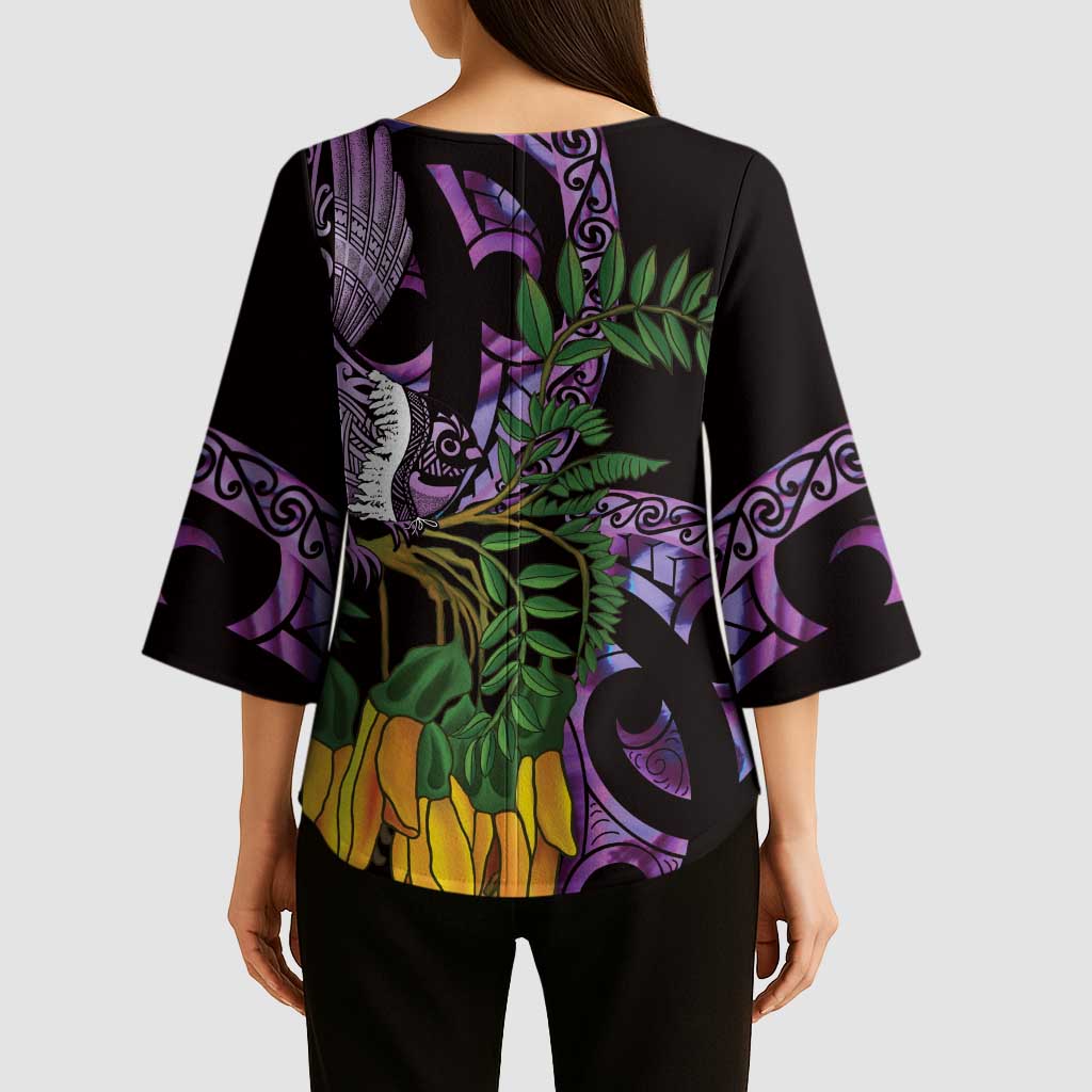 Purple New Zealand Kowhai And Piwakawaka Kimono Sleeve Blouse Maori Ngaru Paua Shell LT14 - Polynesian Pride