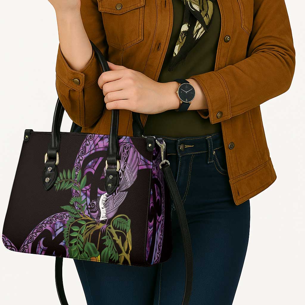 Purple New Zealand Kowhai And Piwakawaka Leather Bag Maori Ngaru Paua Shell LT14 - Polynesian Pride