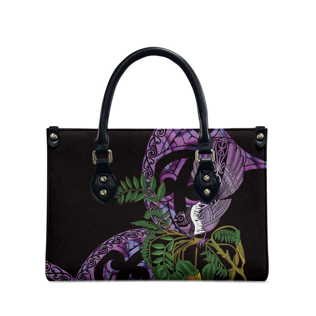 Purple New Zealand Kowhai And Piwakawaka Leather Bag Maori Ngaru Paua Shell LT14 - Polynesian Pride