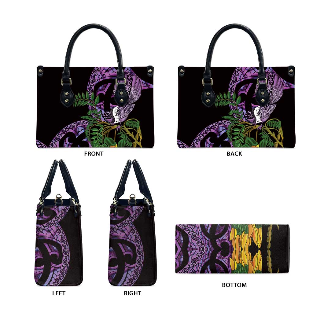 Purple New Zealand Kowhai And Piwakawaka Leather Bag Maori Ngaru Paua Shell LT14 - Polynesian Pride