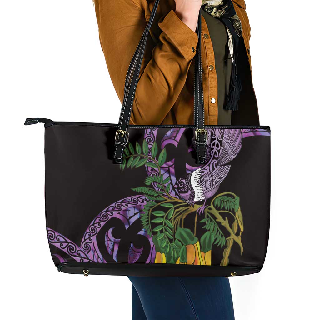 Purple New Zealand Kowhai And Piwakawaka Leather Tote Bag Maori Ngaru Paua Shell LT14 - Polynesian Pride