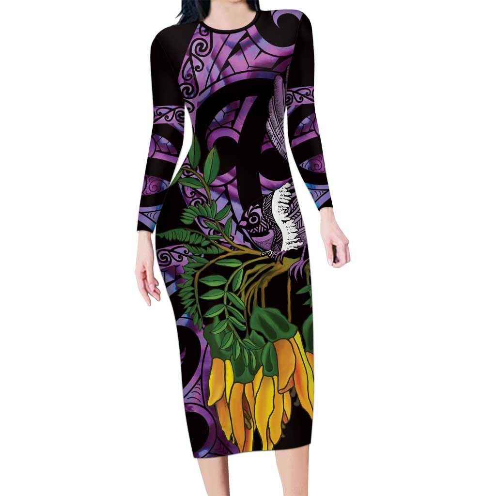 Purple New Zealand Kowhai And Piwakawaka Long Sleeve Bodycon Dress Maori Ngaru Paua Shell LT14 Long Dress Purple - Polynesian Pride
