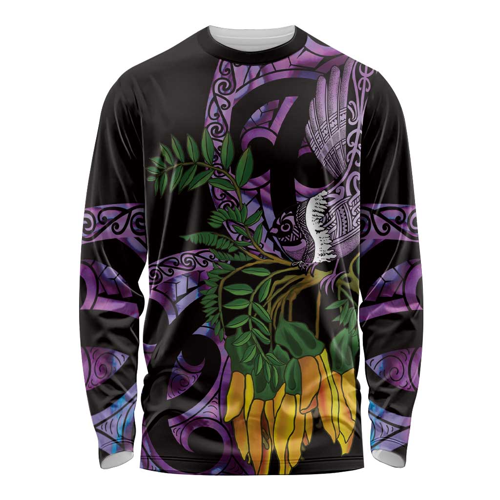 Purple New Zealand Kowhai And Piwakawaka Long Sleeve Shirt Maori Ngaru Paua Shell LT14 Unisex Purple - Polynesian Pride