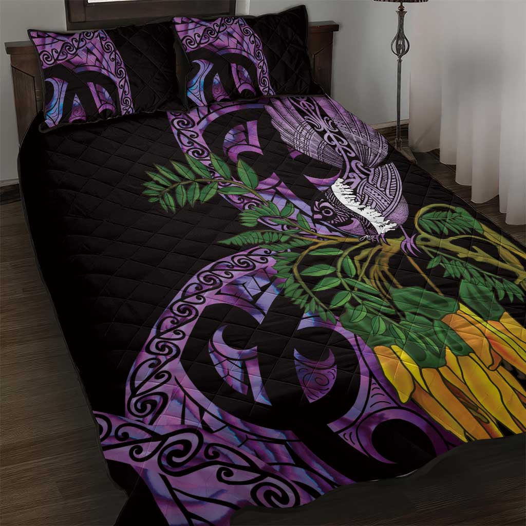 Purple New Zealand Kowhai And Piwakawaka Quilt Bed Set Maori Ngaru Paua Shell LT14 Purple - Polynesian Pride