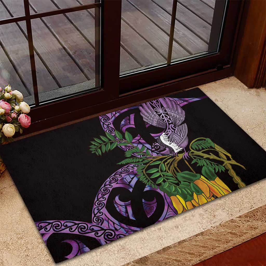 Purple New Zealand Kowhai And Piwakawaka Rubber Doormat Maori Ngaru Paua Shell LT14 - Polynesian Pride
