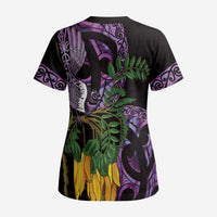 Purple New Zealand Kowhai And Piwakawaka Scrub Top Maori Ngaru Paua Shell - Polynesian Pride