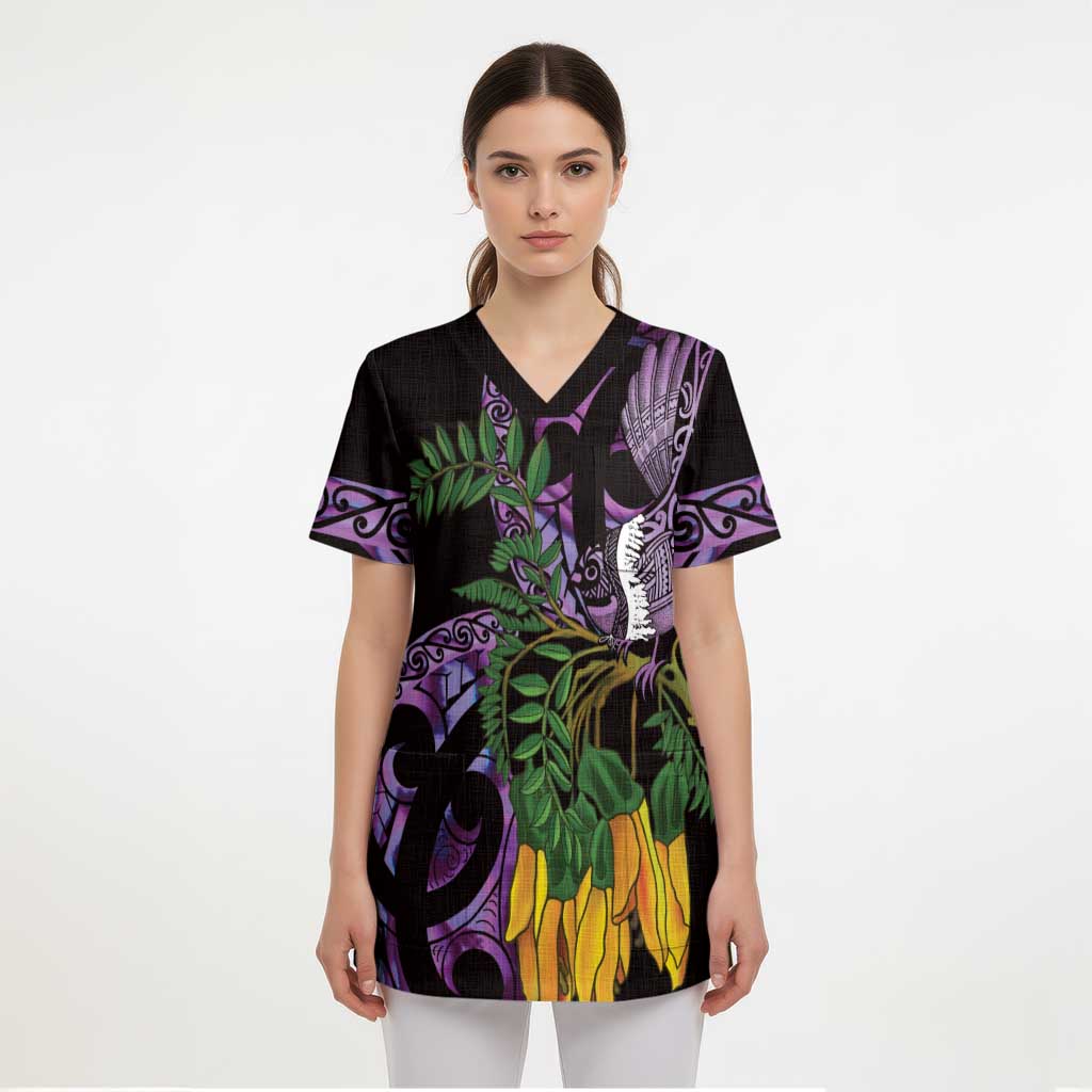 Purple New Zealand Kowhai And Piwakawaka Scrub Top Maori Ngaru Paua Shell - Polynesian Pride