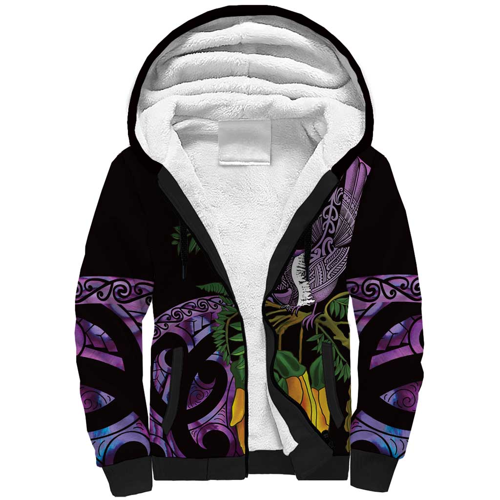 Purple New Zealand Kowhai And Piwakawaka Sherpa Hoodie Maori Ngaru Paua Shell LT14 Unisex Purple - Polynesian Pride