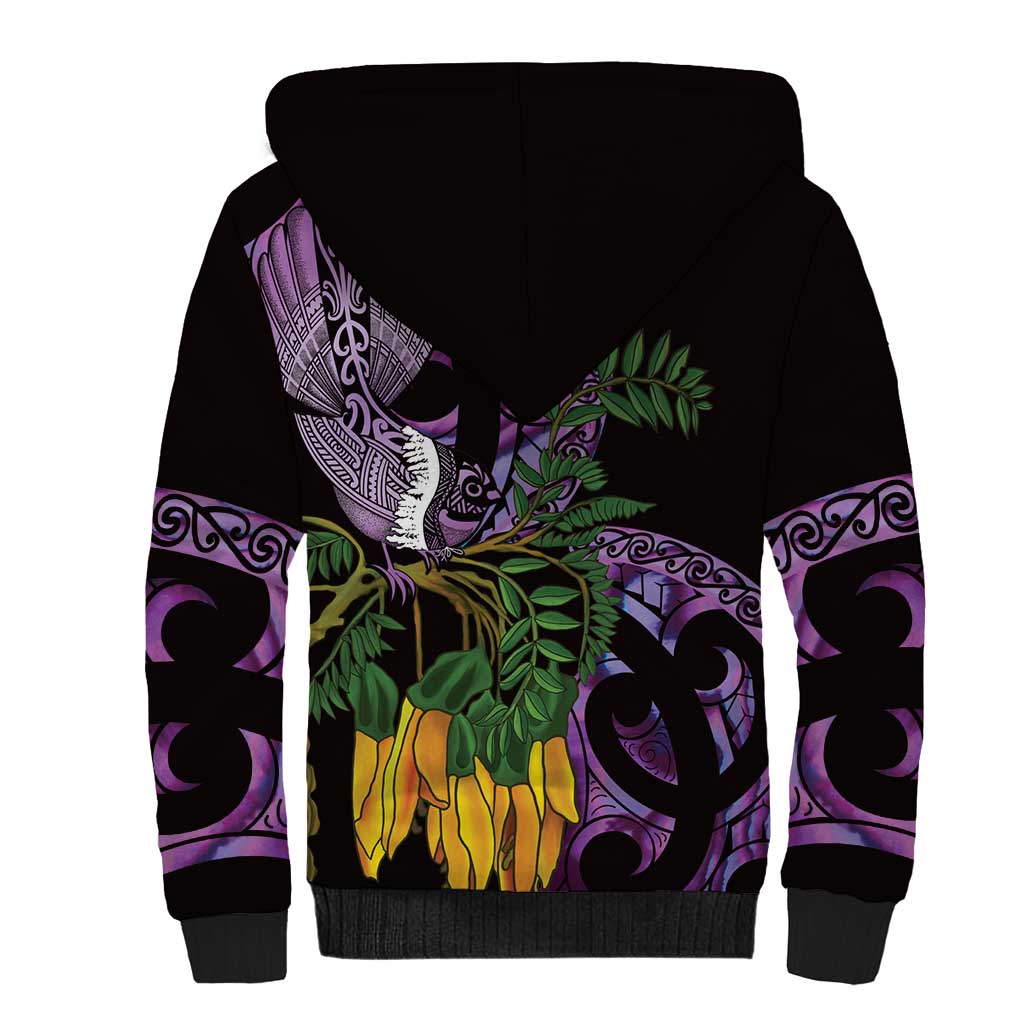 Purple New Zealand Kowhai And Piwakawaka Sherpa Hoodie Maori Ngaru Paua Shell LT14 - Polynesian Pride