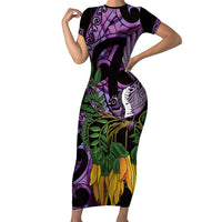 Purple New Zealand Kowhai And Piwakawaka Short Sleeve Bodycon Dress Maori Ngaru Paua Shell LT14 Long Dress Purple - Polynesian Pride