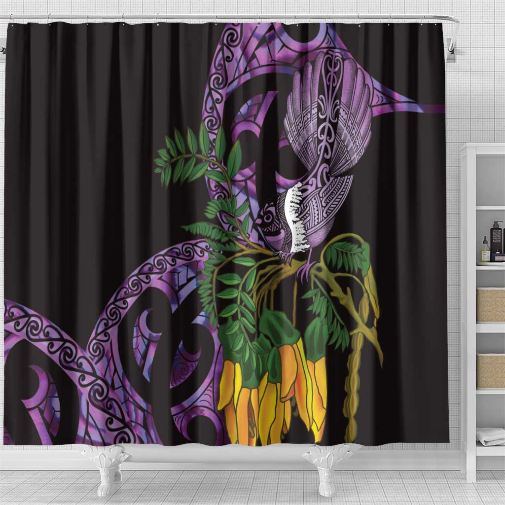 Purple New Zealand Kowhai And Piwakawaka Shower Curtain Maori Ngaru Paua Shell LT14 - Polynesian Pride