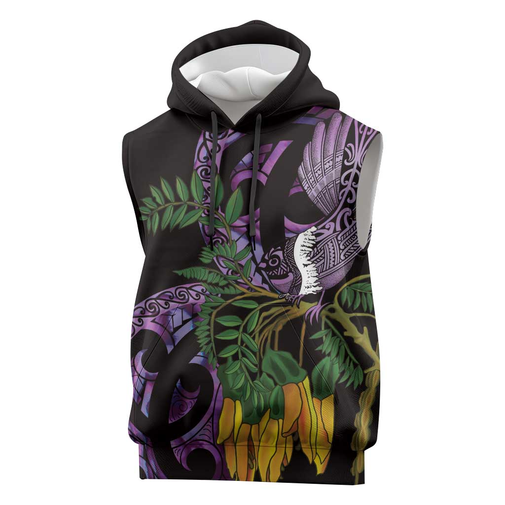 Purple New Zealand Kowhai And Piwakawaka Sleeveless Hoodie Maori Ngaru Paua Shell - Polynesian Pride