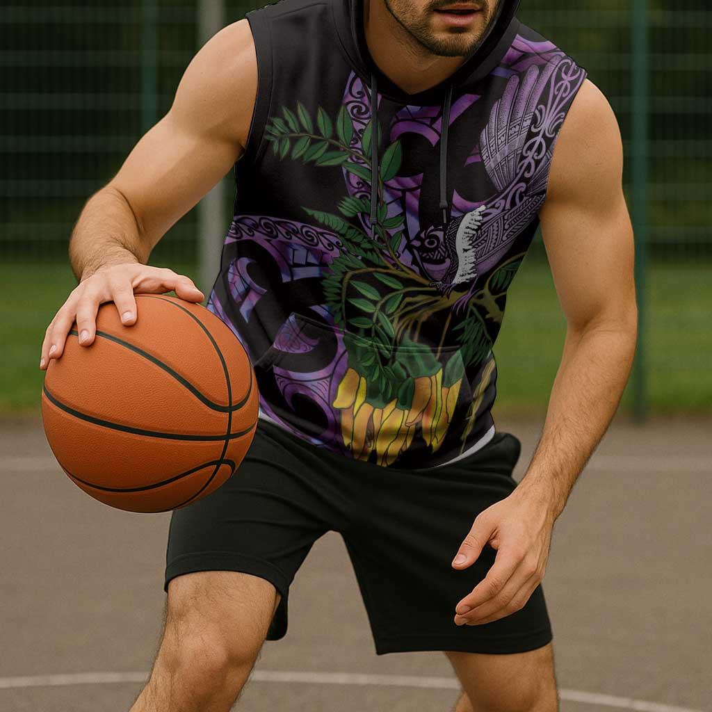 Purple New Zealand Kowhai And Piwakawaka Sleeveless Hoodie Maori Ngaru Paua Shell LT14 - Polynesian Pride