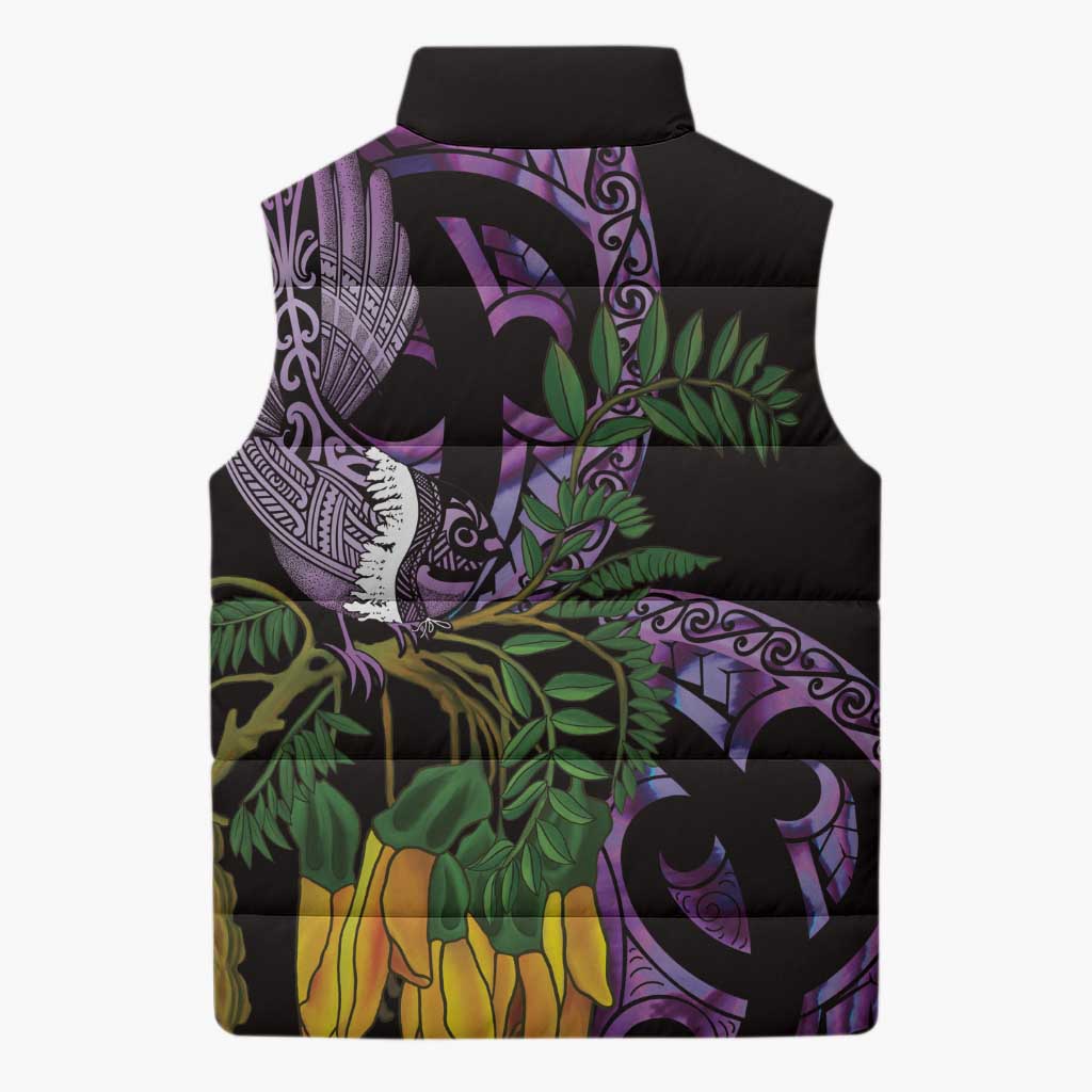 Purple New Zealand Kowhai And Piwakawaka Sleeveless Puffer Jacket Maori Ngaru Paua Shell LT14 - Polynesian Pride