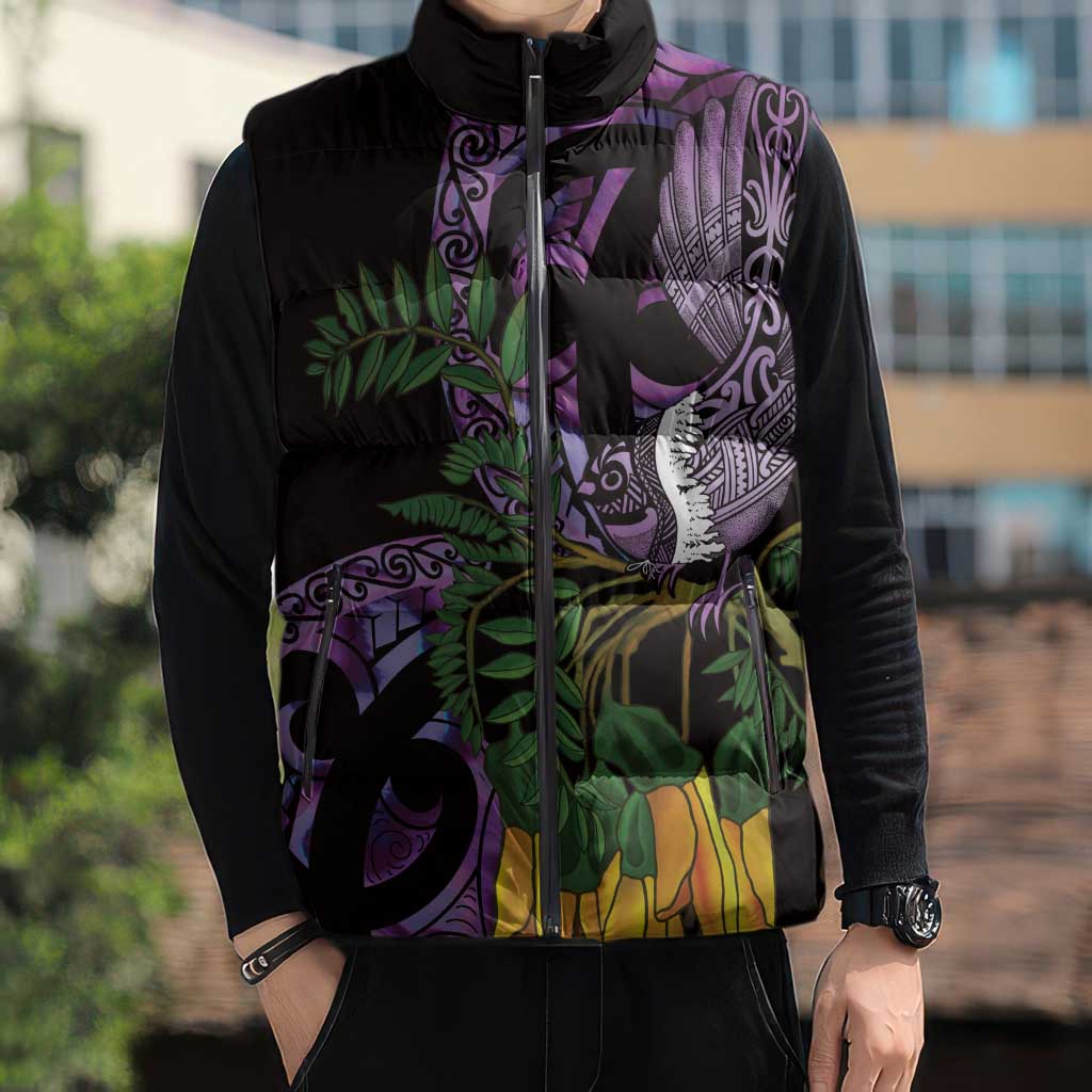 Purple New Zealand Kowhai And Piwakawaka Sleeveless Puffer Jacket Maori Ngaru Paua Shell LT14 - Polynesian Pride