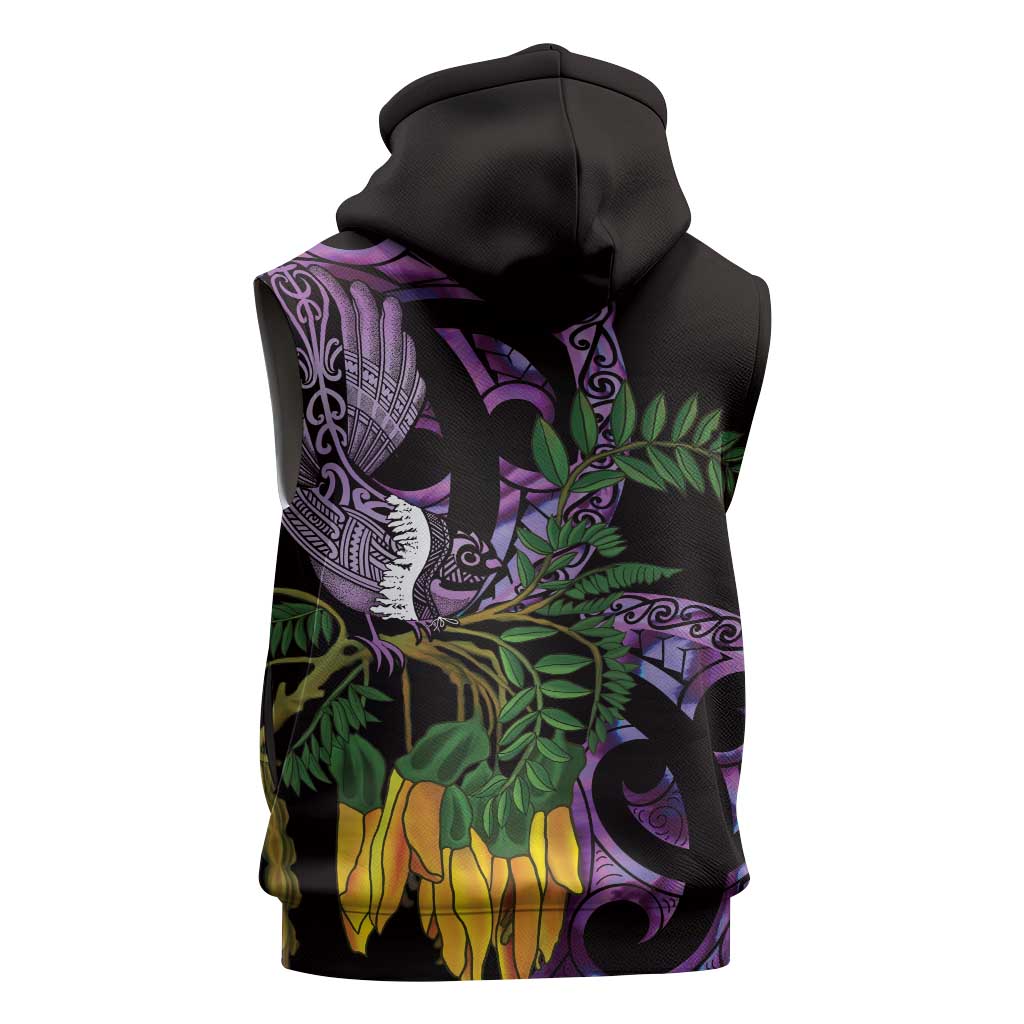 Purple New Zealand Kowhai And Piwakawaka Sleeveless Zip Hoodie Maori Ngaru Paua Shell LT14 - Polynesian Pride