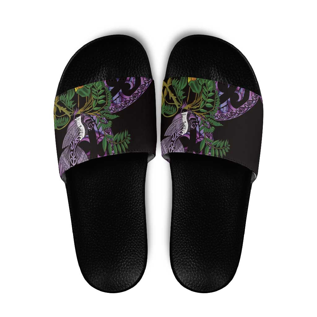 Purple New Zealand Kowhai And Piwakawaka Slide Sandals Maori Ngaru Paua Shell LT14 Purple - Polynesian Pride