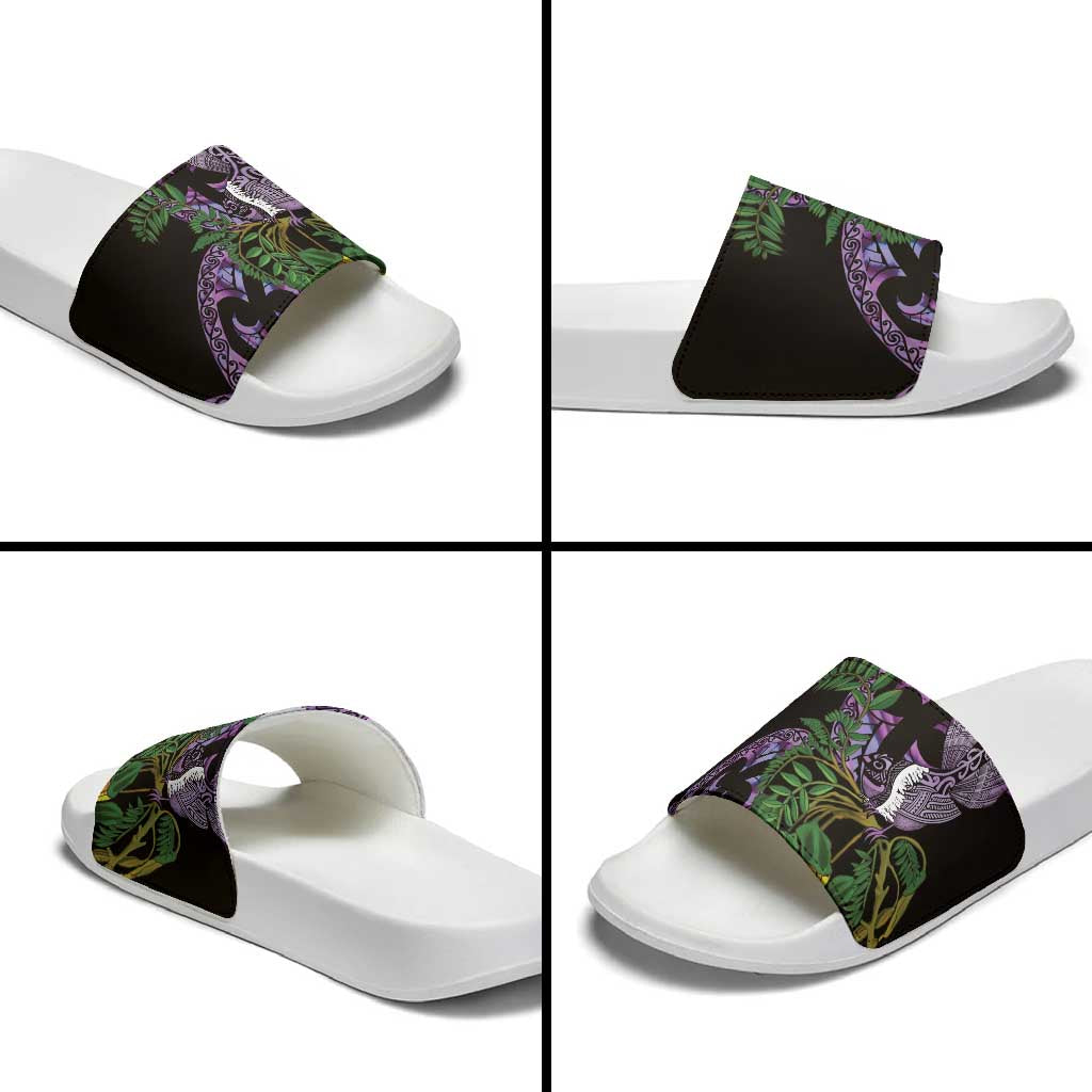 Purple New Zealand Kowhai And Piwakawaka Slide Sandals Maori Ngaru Paua Shell LT14 - Polynesian Pride
