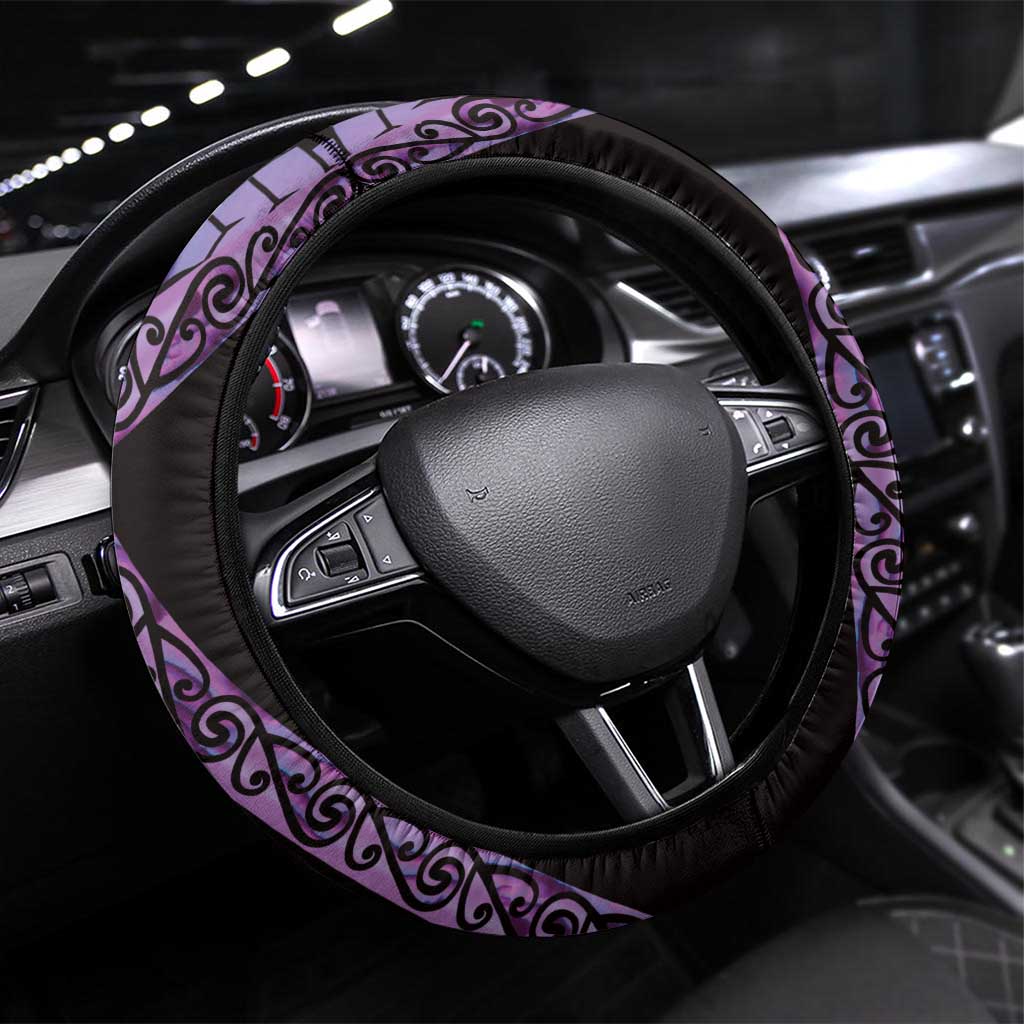 Purple New Zealand Kowhai And Piwakawaka Steering Wheel Cover Maori Ngaru Paua Shell LT14 Universal Fit Purple - Polynesian Pride