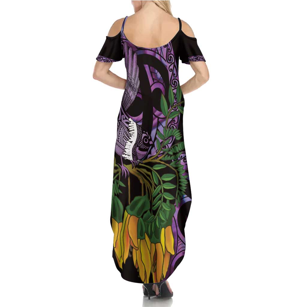 Purple New Zealand Kowhai And Piwakawaka Summer Maxi Dress Maori Ngaru Paua Shell LT14 - Polynesian Pride